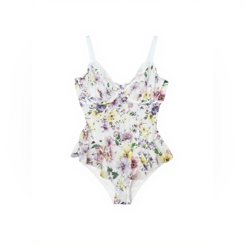 Adore Me Floral Mesh Corset Teddy Bodysuit Ruffled Lace White‎ Purple Yellow